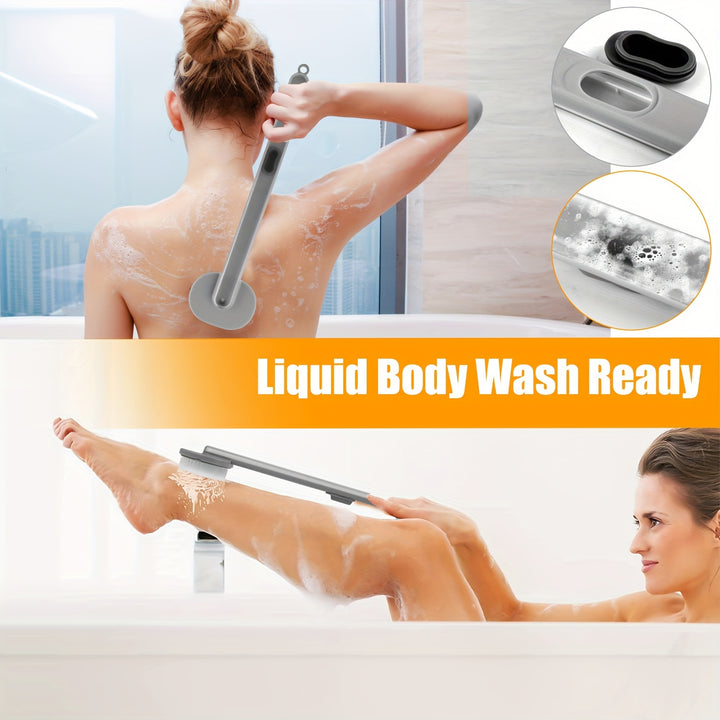 1pc Liquid Bath Brush, Long Handle Exfoliating Shower Back Scrubber, Detachable Brush Head, Built-in Body Wash Reservoir