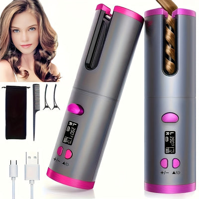 Sleek Portable USB Rechargeable Hair Curler with LCD Display - Smart Wireless Automatic Curling Iron, 32mm,, Digital Temperature Control, Copper & Gray Finish