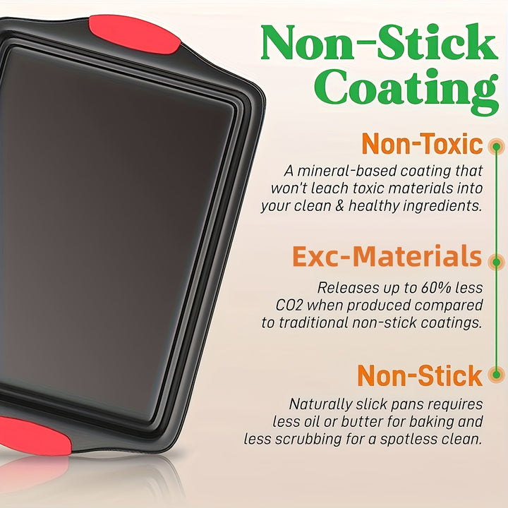 3pcs Carbon Steel Non-stick Kitchen Oven Baking Pan, Luxurious and Fashionable Non-stick Inside and Outside, Commercial Grade Restaurant Quality Metal Baking Pan, with Red Silicone Handle