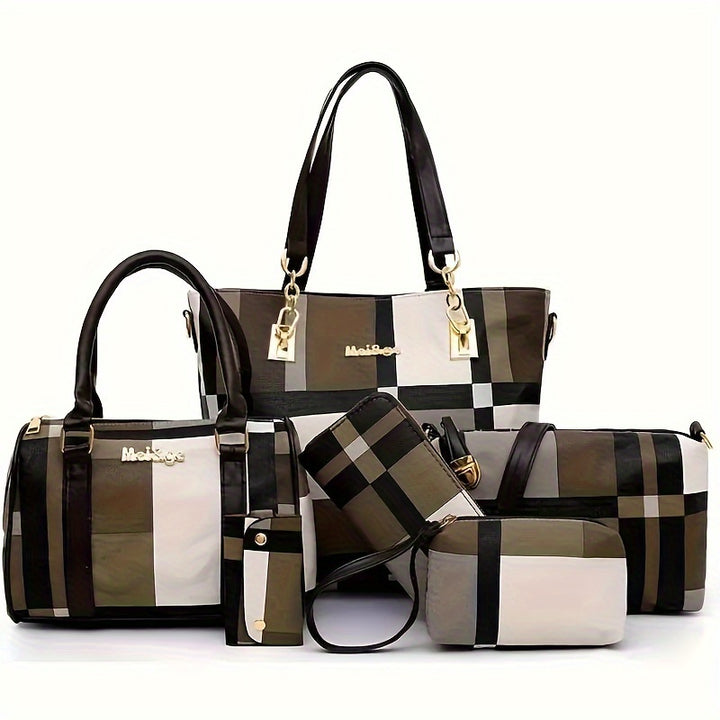 Large Capacity 6pcs/set Checkered Pattern Bag - Shoulder, Crossbody, Clutch, Long & Short Wallet