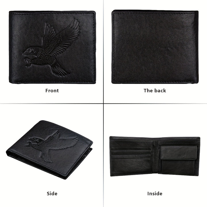 Eagle Embossed Men's Wallet with RFID Blocking Technology - Genuine Top Layer Cowhide Leather Casual Coin Purse with Large Capacity