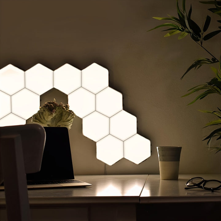 6-Pack Modern Touch-Controlled Hexagonal LED Wall Lights, DIY Assembly, Energy-Efficient Neutral White Lighting with Touch Night Light, Plastic Material, Wall-Mounted, Up-Light Illumination, USB Powered, No Battery Included