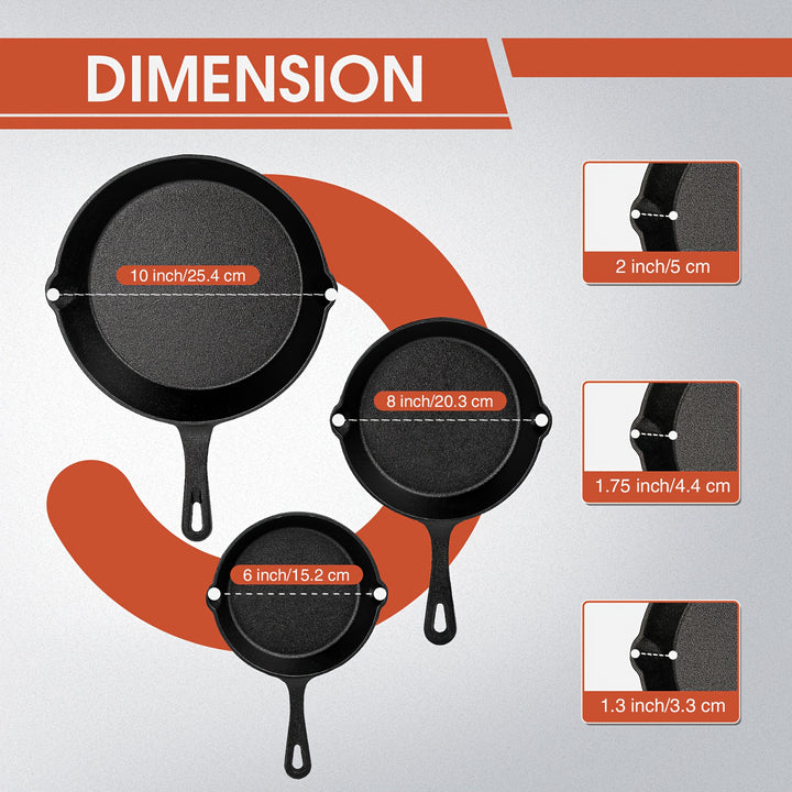 Premium 3pcs Cast Iron Skillet Set - Non-Stick Skillet with Drip Spout, Perfect for Holiday Cooking, RV Use, And Campfire Meals