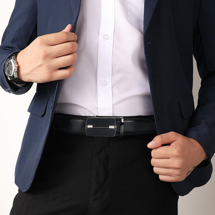 Men'S Genuine Leather Ratchet Belt, Cool And Handsome Style, Adjustable Automatic Square Alloy Buckle, Durable Two-layer Cowhide Panel, for Casual Business Wear