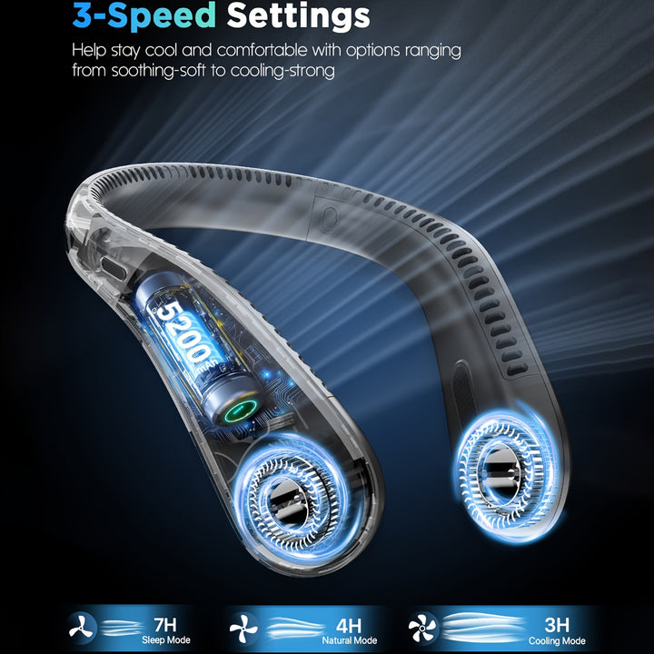 [5200mAh Portable Neck Fan] Rechargeable Portable Neck Fan - 5200mAh USB-Powered Hands Free Bladeless Cooling Fan With 3 Speed | Compact & Lightweight For Outdoor, Travel, Picnic, BBQ, Fishing, Jobsite | Battery Powered (4-16