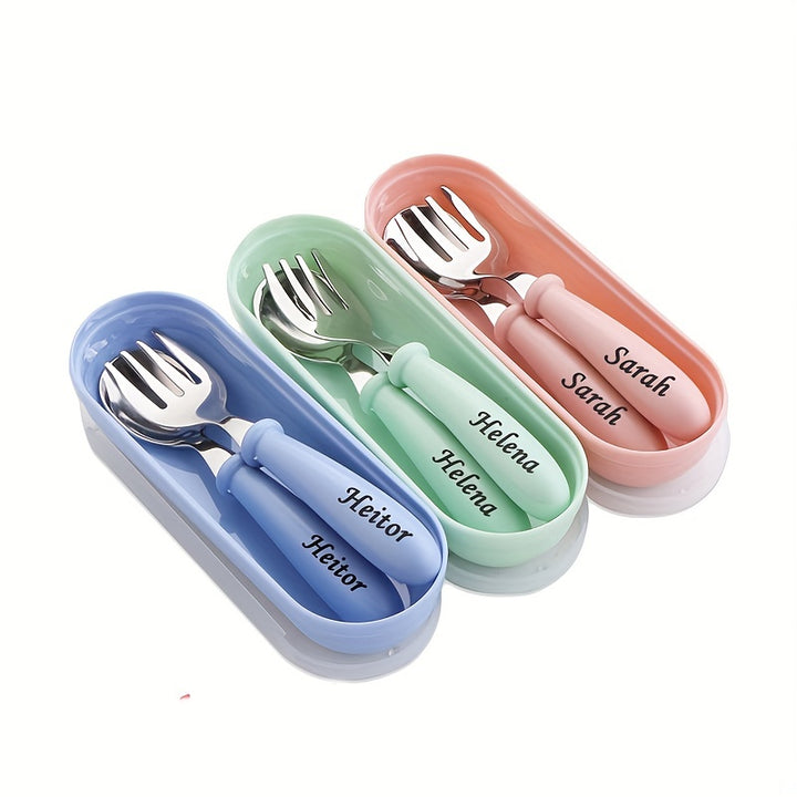 [Customized] Personalized Any Name Children's Tableware Spoon And Fork Storage Box Set, Children's Tableware Set Easter Gift
