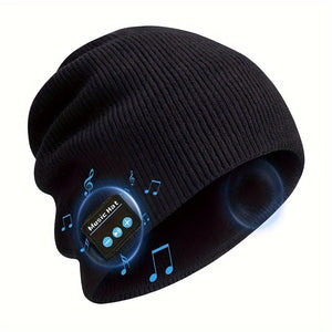 Kabellose Musik-Beanie-Mütze für Damen und Herren, wiederaufladbar per USB mit eingebautem Akku, gestricktes Acryl, elastische Passform, leicht – Grau