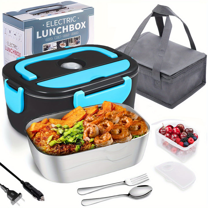 60W Portable Electric Lunch Box - 60.87oz Fast Food Warmer with Leakproof Removable Container, Cutlery & Insulated Cooler Bag for Car, Truck, Work, Camping & Meal Heating, Travel Food Warmer | Modern Lunchbox | Secure Locking