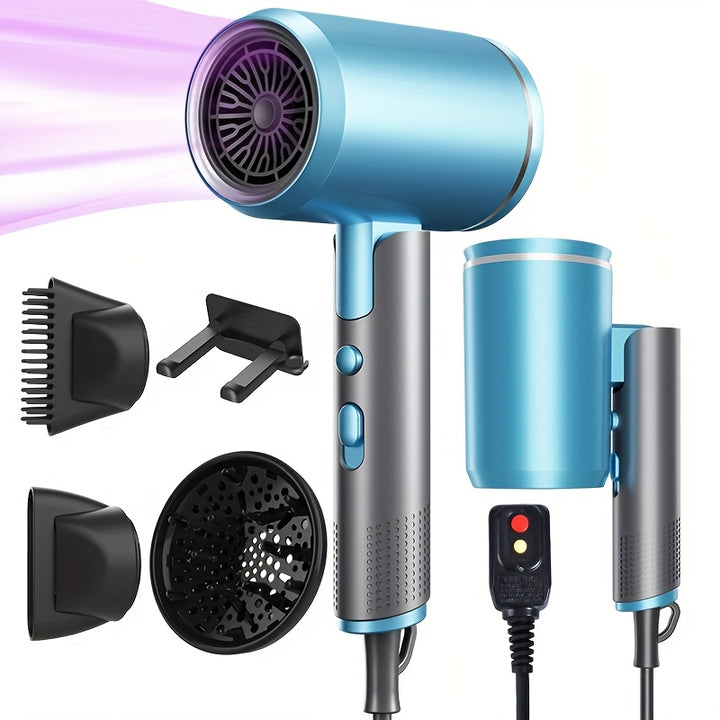 Professional Ionic Hair Dryer Blow Dryer with Diffuser and Concentrator and Hanging rack for Curly Hair Negative Ions Dryer with Ceramic Technology Nozzle for Fast Drying as Salon Light and Quiet, Folding Travel