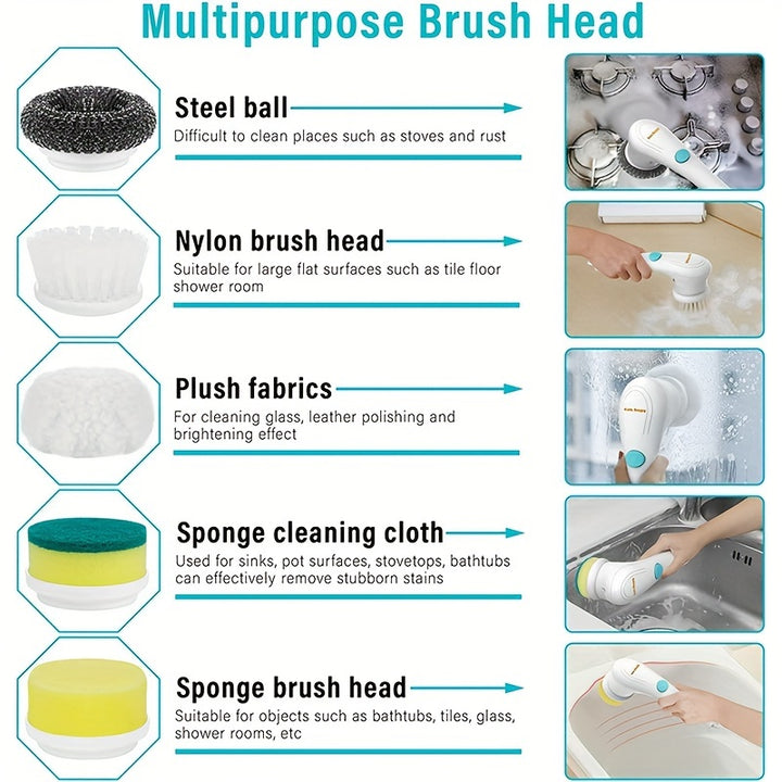 A Cordless Handheld Cleaning Brush with 5 Interchangeable Brush Heads, a Portable Rotating Scrubber, Suitable for Use in Bathrooms, Bathtubs, Wall Tiles, Floors, And Kitchens.