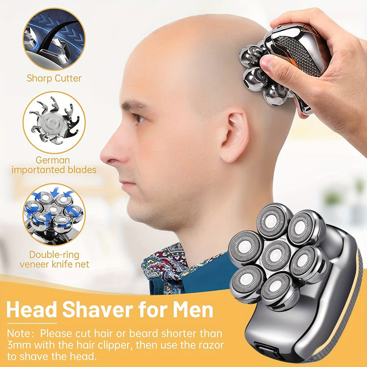 Men'S Electric Head Shaver Razor - Rechargeable Cordless Hair Shaving Razors for Bald Man 6 in 1 Wet Dry Beard Trimmer Body Hair Cutting Clipper Grooming Kit 7 Rotary Heads (Gray) - Power Supply: USB Charging (built-in Batter