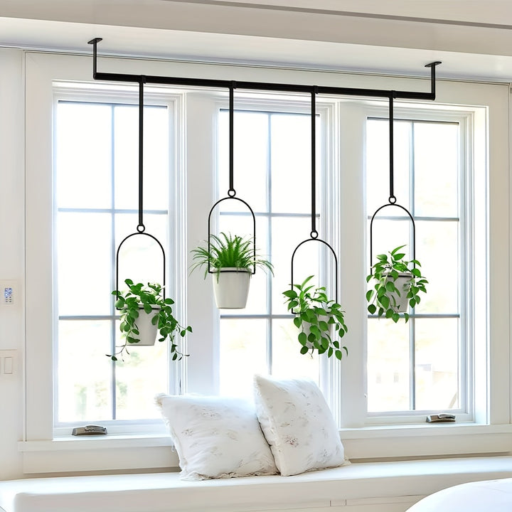 1 Set Metall verstellbare hängende Pflanzgefäße mit 4 Stück Kunststofftöpfen, Schiene für Indoor-Fenster- und Deckenkräutergarten, Wandpflanzenhänger mit Nylonkordeln, 11,8" - 18,1" Breite erweiterbare Schubladen für Töpfe und Pfannen, Küchen-Ausziehregal