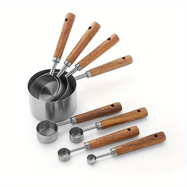 [8pcs Stainless Steel Measuring Cup] 8pcs Stainless Steel Measuring Cup And Spoon Set | Acacia Wooden Handle For Dry Goods And Liquid Ingredients, Baking Tools DIY, Seasoning Spoon Take Powder Spoon Coffee Spoon
