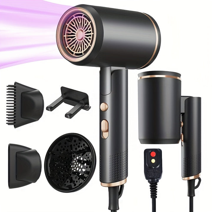 Professional Ionic Hair Dryer Blow Dryer with Diffuser and Concentrator and Hanging rack for Curly Hair Negative Ions Dryer with Ceramic Technology Nozzle for Fast Drying as Salon Light and Quiet, Folding Travel