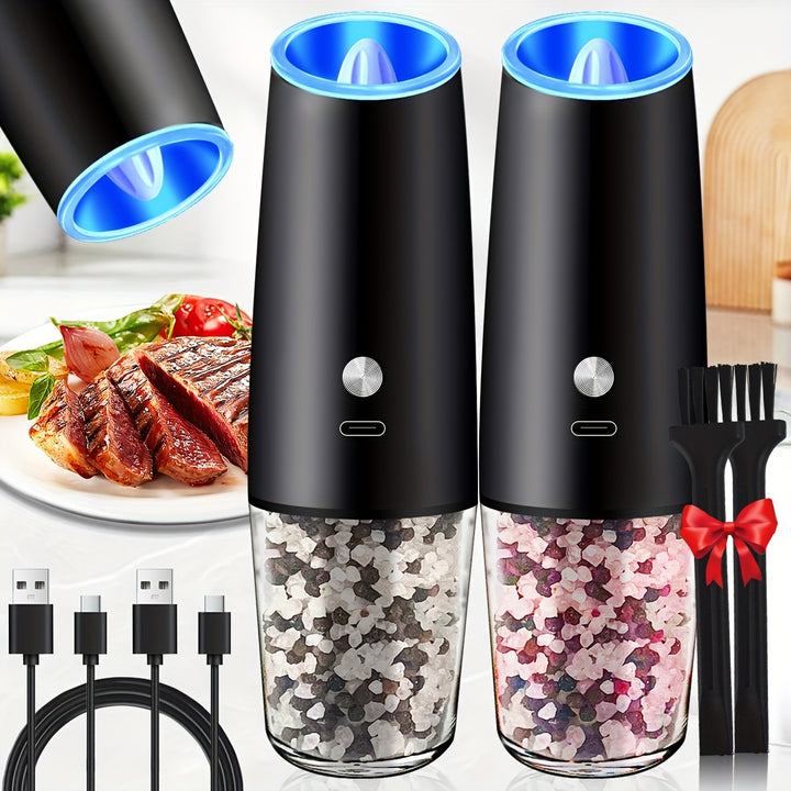 2/4pcs Gravity-powered Electric Salt and Pepper Grinder, Battery-powered LED Light, One-handed Automatic Operation, Adjustable Coarse Grinder, Grinder, Black Rocking Chair, Creative Kitchen Gadget Gift, Battery-powered to Cho
