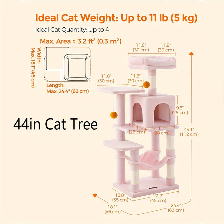 Feandrea 66.1/44.1in Cat Tree, Large Cat Tower with 13 Scratching Posts, 2 Perches, 2 Caves, Hanging Basket & Hammock, Pompoms, Stable Kitty Play House, Multi-Level Plush Cat Condo for Indoor Cats, Easy to Assemble, Perfect G