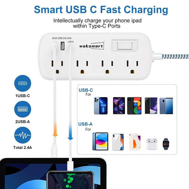 Compact 8-Outlet Surge Protector Power Strip with 3 USB Ports (1 USB-C) - Wall Mountable, 5ft Braided Flat Extension Cord, ETL Certified - Waksmart for Office, School, Dorm
