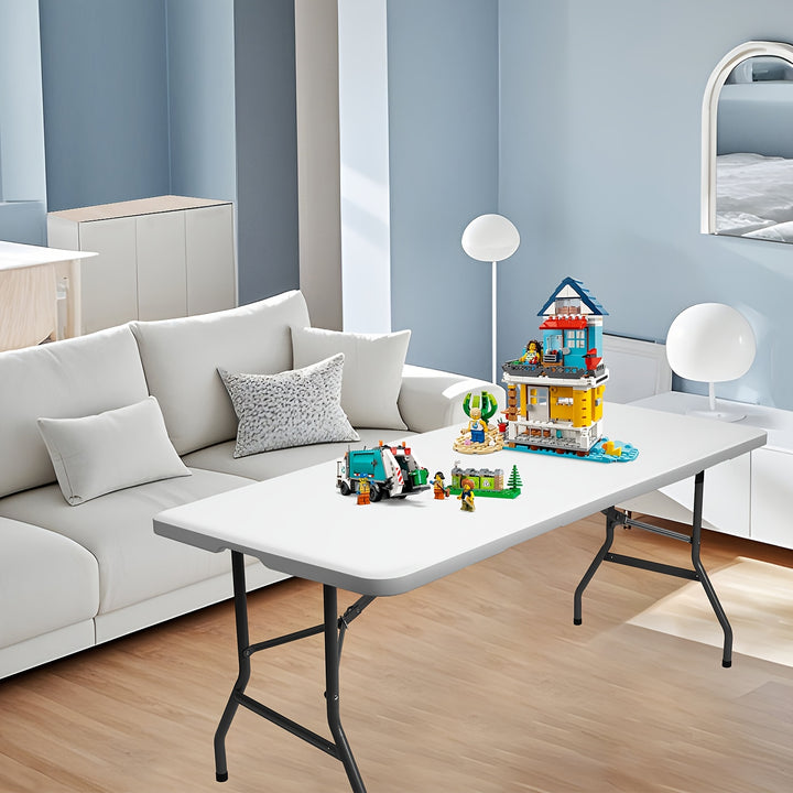 Table pliante en plastique 4ft/6ft, table à manger portable intérieure extérieure avec poignée de transport, verrous - Blanc