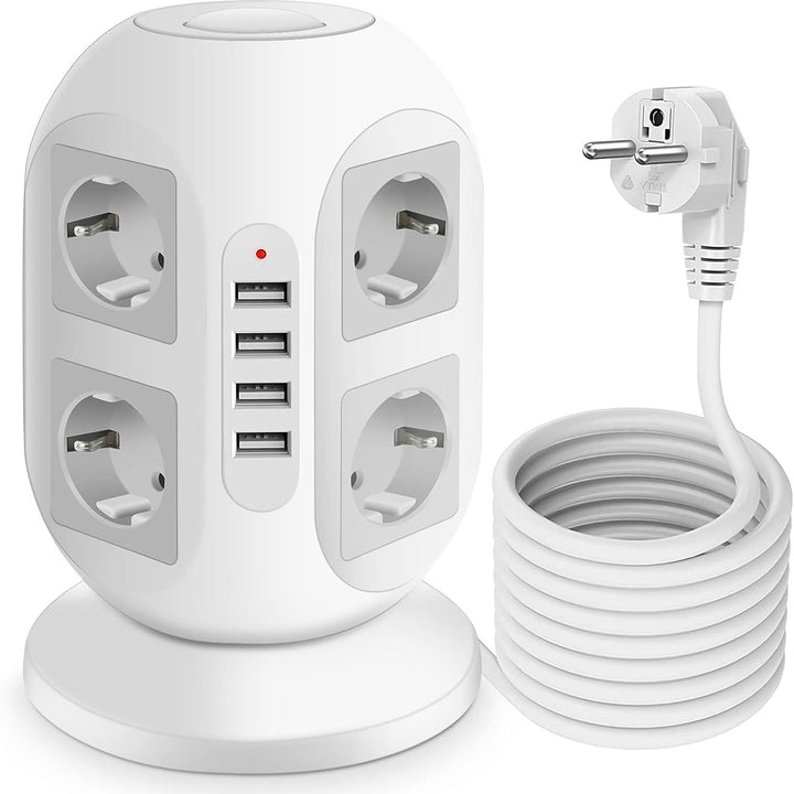 12-way power strip with 4 USB, multi-socket tower, 1.8m extension cable, power strip with double for Switch, desktop socket tower surge protection for garden, office, kitchen