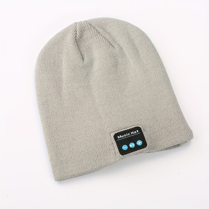 Wireless Musical Beanie Hat for Men and Women, USB Rechargeable with Built-in Battery, Knitted Acrylic, Elastic Fit, Lightweight - Grey