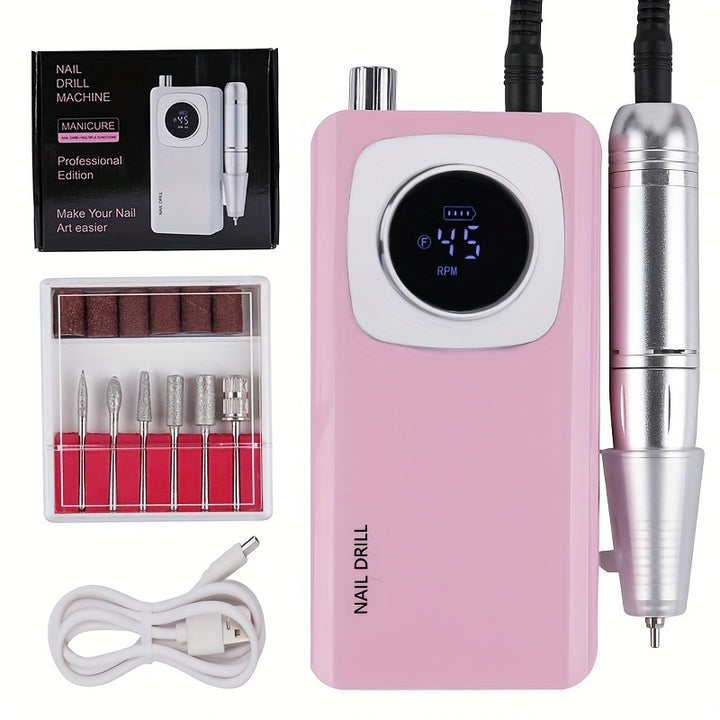 Tfscloin Professional Electric Nail Drill Kit - 45,000 RPM, USB Rechargeable for Perfect Acrylic & Gel Nails - Includes Digital Display & Manicure Tools in Pink, Purple, White - Ideal for Nail Repair, Salon & Home Use, Nail T