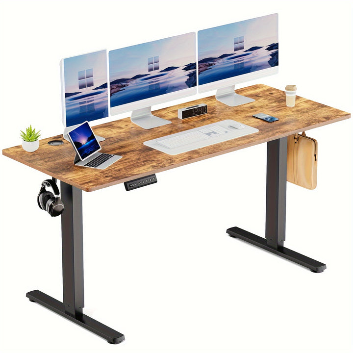 63" Adjustable Height Electric Standing Desk - Modern Wooden Workstation with 4-Panel Display Setup, Storage Shelf & Hooks for Home Office, Bedroom, or Gaming Room, Workspace Organizer | Sleek Metal Frame | Iron Construction,