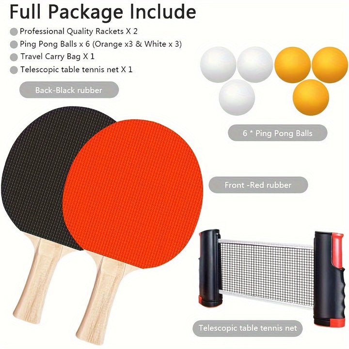 Portable Set With Retractable Net, Ping Pong Paddle Set, Rackets, Balls And Carry Bag For Indoor/Outdoor Games