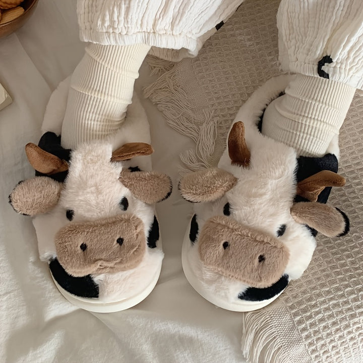 Women's Cartoon Cute Cow House Slippers, Warm Plush Lined Closed Toe Fuzzy Home Slides, Women's Comfy Indoor Shoes