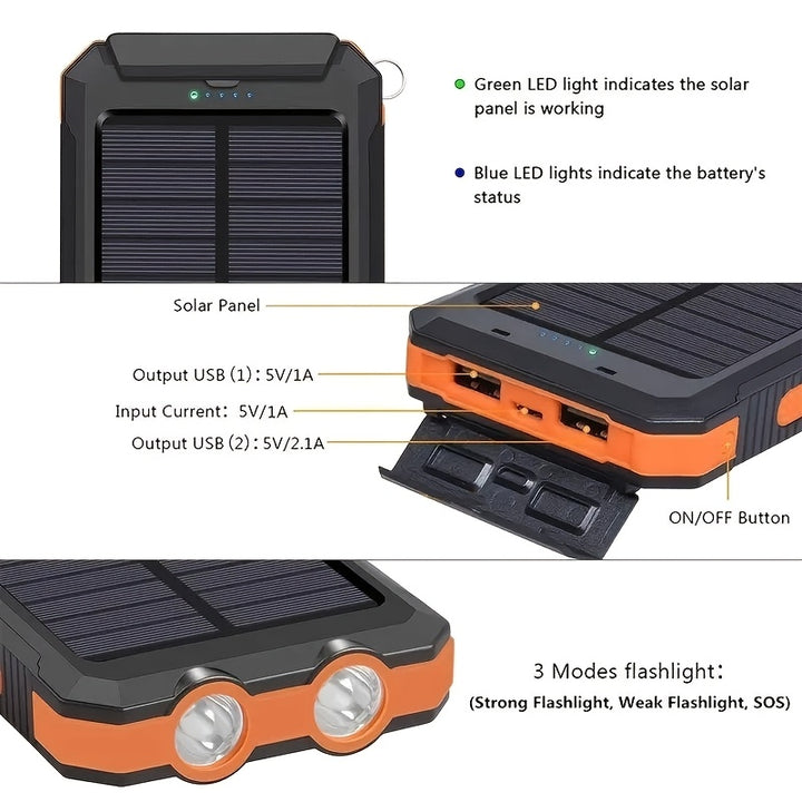 1pc, Portable Solar Power Bank with External Battery Charger and Strong LED Light, 2 USB Charging Ports for Outdoor Camping, Hiking and Emergency Use
