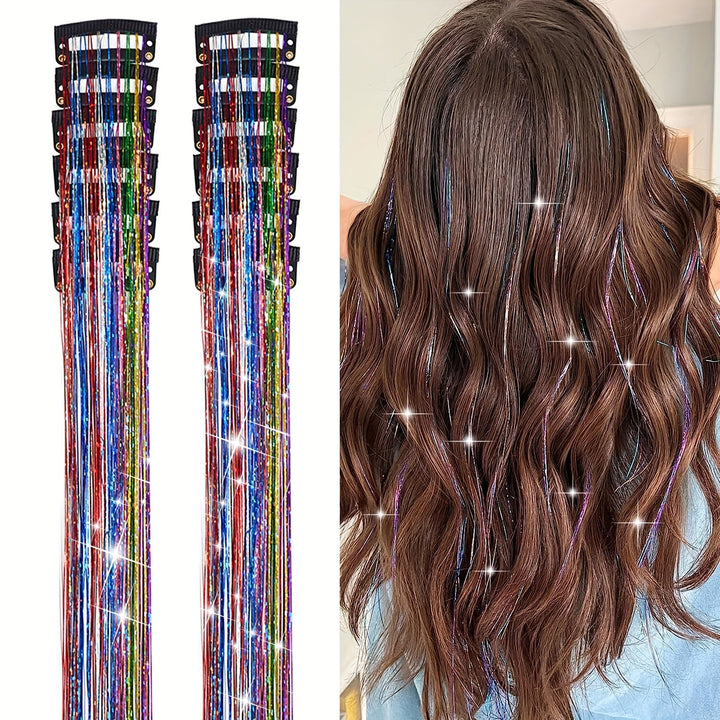 12Pcs Hair Tinsel Clip In 19.6Inch Tinsel Hair Extensions Clip In Hair Tinsel Kit Heat Resistant Shiny Sparkle Glitter Hair Extensions Fairy Hair Accessories For Women