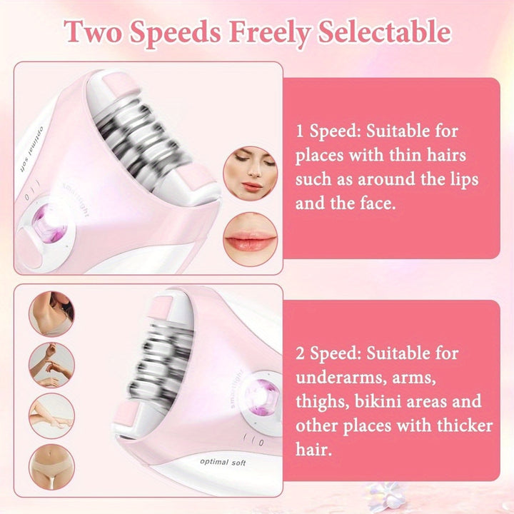 [Facial Epilator] Koina KD-214 | Cordless, Dual-Speed | 36-Tweezer Design | LED Light, Efficient | Face, Bikini, Arms, and Legs | Women | Pink & White