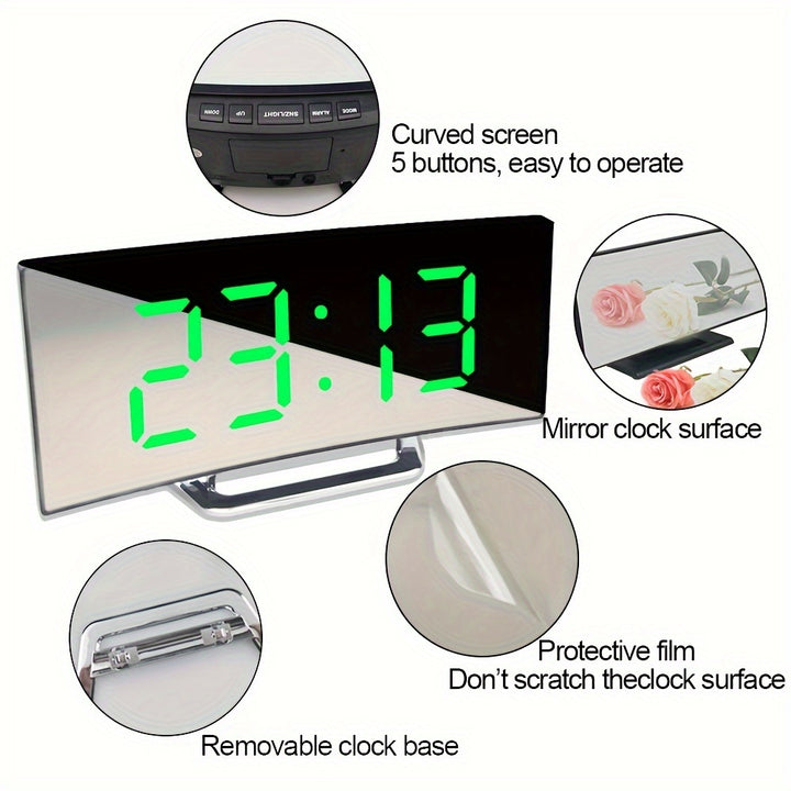 Modern LED Mirror Clock with Curved Display - Silent Digital Alarm, Dimmable, USB or Battery Powered, ABS Material - Perfect for Home Decor