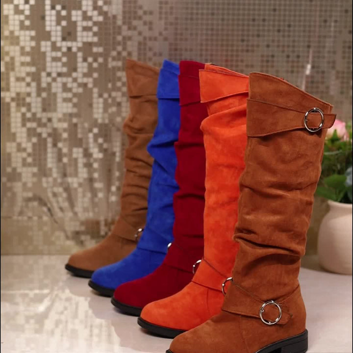 [Botas de Color Sólido de Moda] Botas de Color Sólido de Moda para Mujer, Botas Altas de Rodilla con Hebilla y Tacón Grueso, Botas de Invierno con Punta Redonda y Caídas