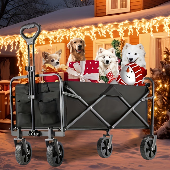 Collapsible Folding Wagon Cart, Large Capacity Camping Wagon, All Terrain Foldable Pet stroller, Heavy Duty Utility Wagon Cart for Grocery Outdoor Beach Gardening Shopping Pet outings Fishing Black, Perfect Christmas Gift