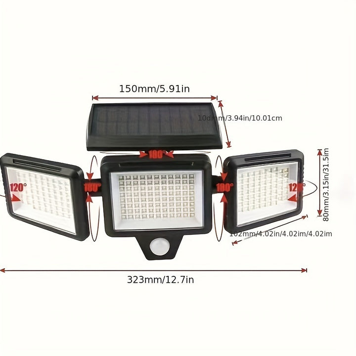 210LED Solar-Powered Street Light, Triple Head Rotatable Double Row Sensor Light with 3 Lighting Modes, Waterproof and Sunproof, Ideal for Outdoor Gardens, Courtyards, Streets, and Walkways