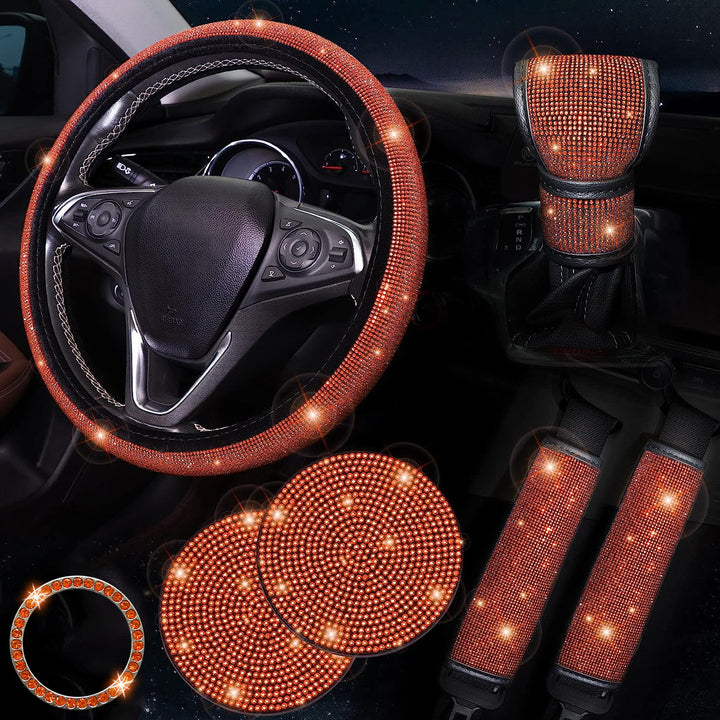 Bling Car Accessories for Women, Bling Steering Wheel Cover Bling Car Coasters Bling Set Seat Belt Shoulder Pads Ring Emblem Sticker Gear Shift Cover