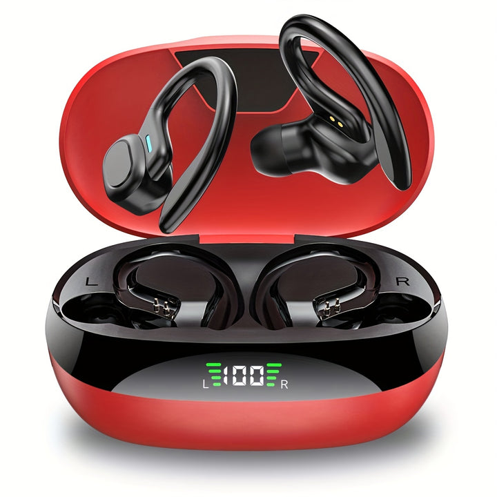Dual-LED Display Wireless Running Earbuds with Earhooks, Noise Cancelling, Pure Bass Sound, and Built-in Microphone by LIFEBEE