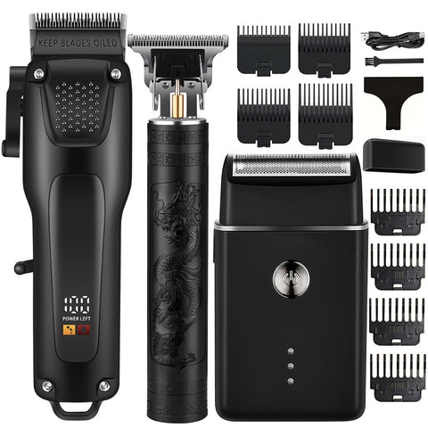 3pcs Men'S Professional Hair & Beard Grooming Kit - Cordless Clippers with LED Display, Precision Trimmer Set, USB Rechargeable, For Home, Perfect Holiday Gift