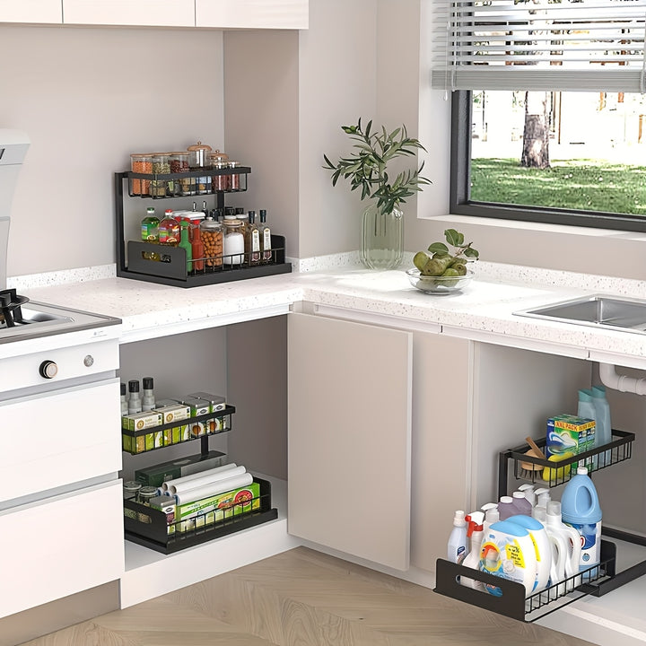 Two-Level Organizers for Under The Sink, Featuring a Sliding Pull-Out Shelf Made of Metal