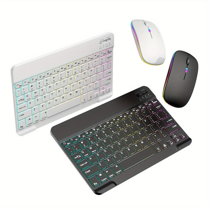 Conjunto de teclado y ratón gaming inalámbrico RGB retroiluminado de 10 pulgadas, combo de teclado y ratón portátil para PC, iOS, tabletas Android y computadoras.