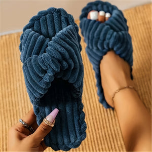 Comfortable Women's Solid Color Open Toe Cross Strap Home Slippers, Bedroom Shoes