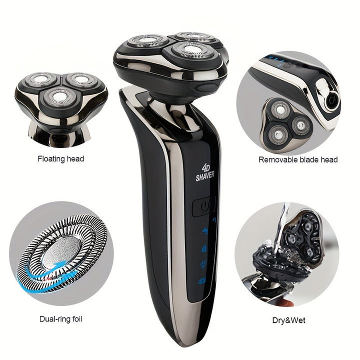 Rechargeable Full Body Washable Electric Shaver, For Men, With Nose And Sideburn Trimmers Plus Facial Cleansing Brush And Barber Heads - For A Smooth, Clean Shave. Rechargeable Full Body Washable Shaver, 3-Blade Head Shaver,