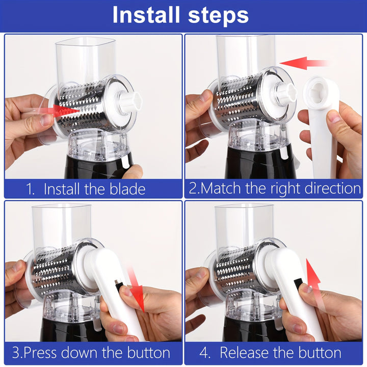 Rotary Cheese Grater and Vegetable Slicer - Kitchen Mandoline with 3 Interchangeable Blades, Easy-to-Clean for Fruits, Potatoes, Carrots, Nuts