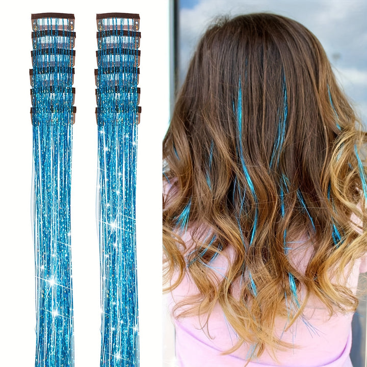 12Pcs Hair Tinsel Clip In 19.6Inch Tinsel Hair Extensions Clip In Hair Tinsel Kit Heat Resistant Shiny Sparkle Glitter Hair Extensions Fairy Hair Accessories For Women
