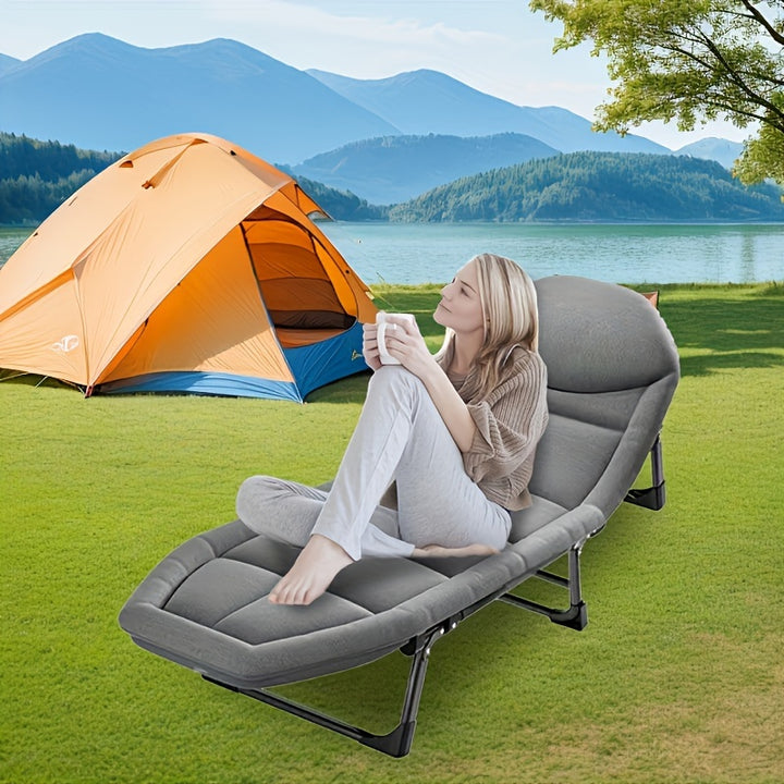Stainless Steel Frame Folding Lounge Chair | Gray Polyester Cushion | Adjustable Headrest, Armrests & Side Pockets | Home, Camping, and Outdoor Relaxation
