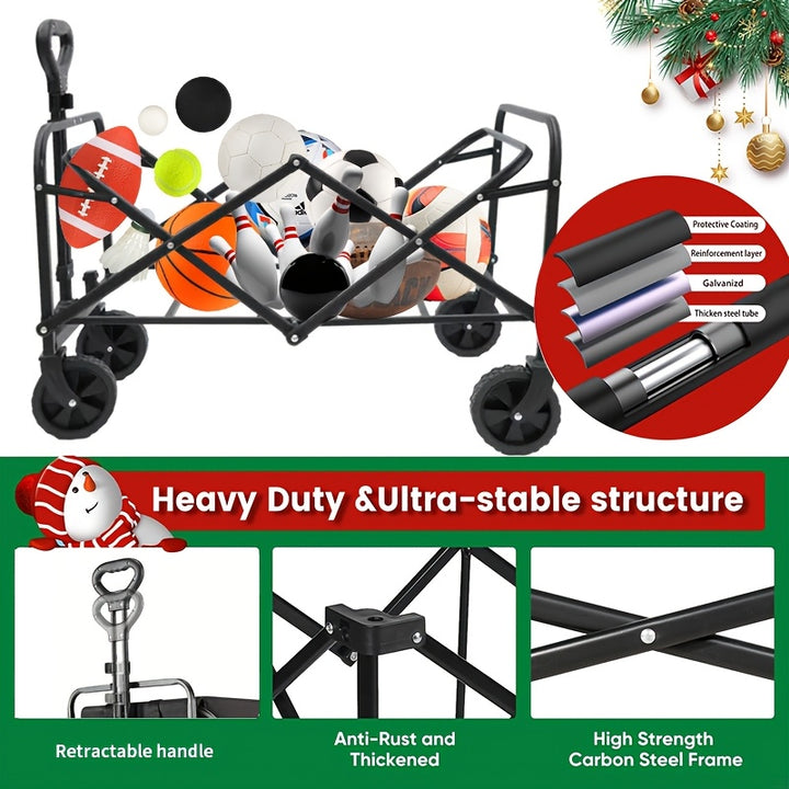 Collapsible Folding Wagon Cart, Large Capacity Camping Wagon, All Terrain Foldable Pet stroller, Heavy Duty Utility Wagon Cart for Grocery Outdoor Beach Gardening Shopping Pet outings Fishing Black, Perfect Christmas Gift