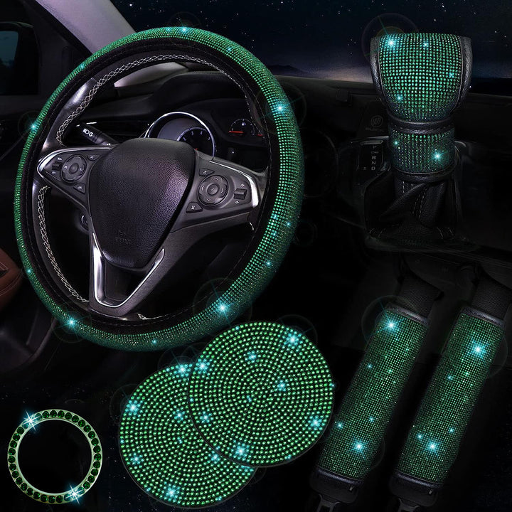 Bling Car Accessories for Women, Bling Steering Wheel Cover Bling Car Coasters Bling Set Seat Belt Shoulder Pads Ring Emblem Sticker Gear Shift Cover