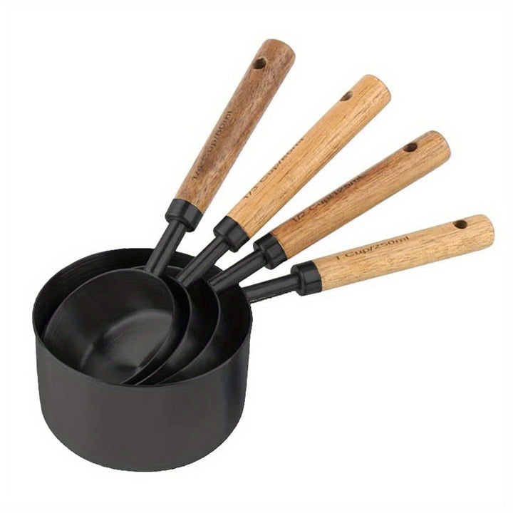 [8pcs Stainless Steel Measuring Cup] 8pcs Stainless Steel Measuring Cup And Spoon Set | Acacia Wooden Handle For Dry Goods And Liquid Ingredients, Baking Tools DIY, Seasoning Spoon Take Powder Spoon Coffee Spoon