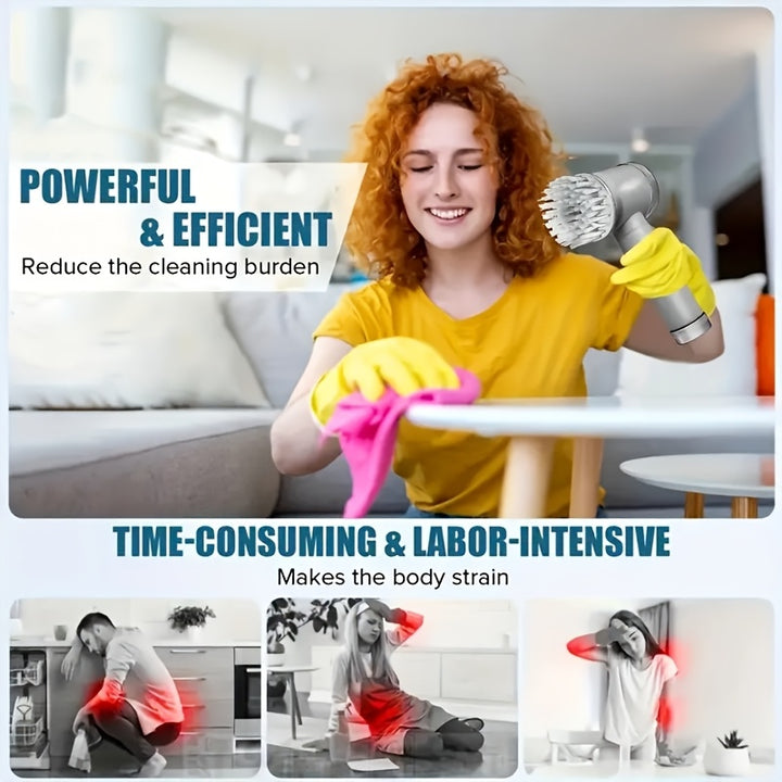 [5 Interchangeable Brush Heads Scrubber] Electric Spin Scrubber, a Portable Cleaning Tool Featuring 5 Interchangeable Brush Heads, Designed for High-Speed Cleaning in Kitchens And Bathrooms. It Is a Rechargeable Multipurpose