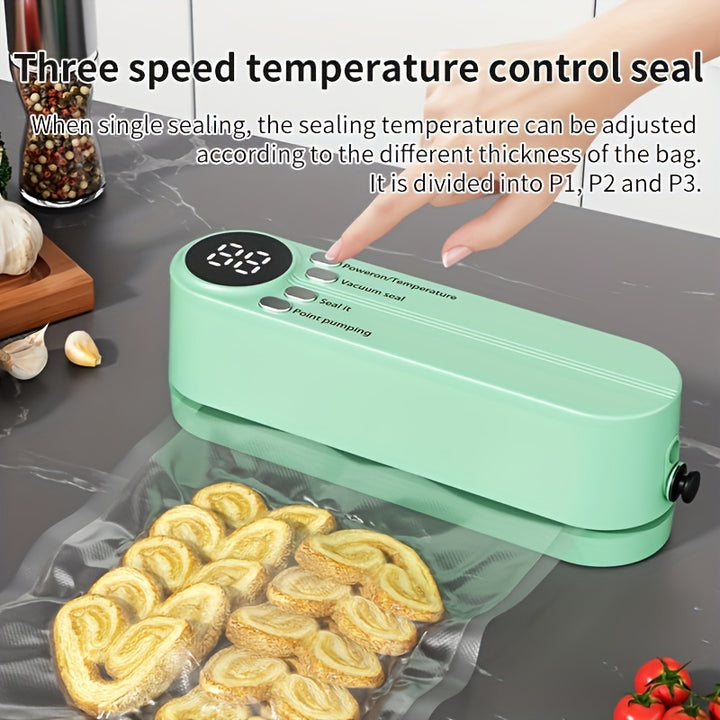 Portable USB Rechargeable Vacuum Sealer with Quick Seal, Airtight Bags & Pump - Space-Saving Design for Food Preservation of Snacks, Meat, Fruits & Vegetables